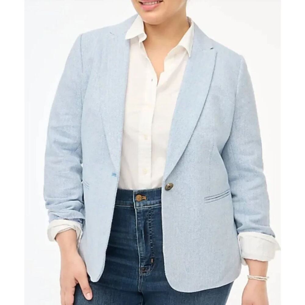 J.Crew Herringbone One Button Blazer Jacket US 14 Blue Cotton Linen NEW NWT